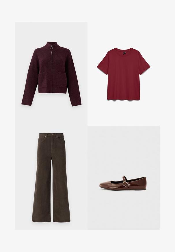 Sweater zippé violet foncé avec col montant, fermeture éclair avec anneau de tirage, manches longues et deux poches à rabat à l'avant sur un fond blanc.; T-shirt à manches courtes, col rond, uni de couleur rouge foncé, présenté à plat sur fond blanc.; Pantalons en velours côtelé larges marron foncé avec poches avant, passants de ceinture et fermeture à boutons à la taille.; Ballerine en cuir verni marron avec un bout carré et une lanière ornée d'une petite boucle dorée. Texture lisse, talon bas et design minimaliste.