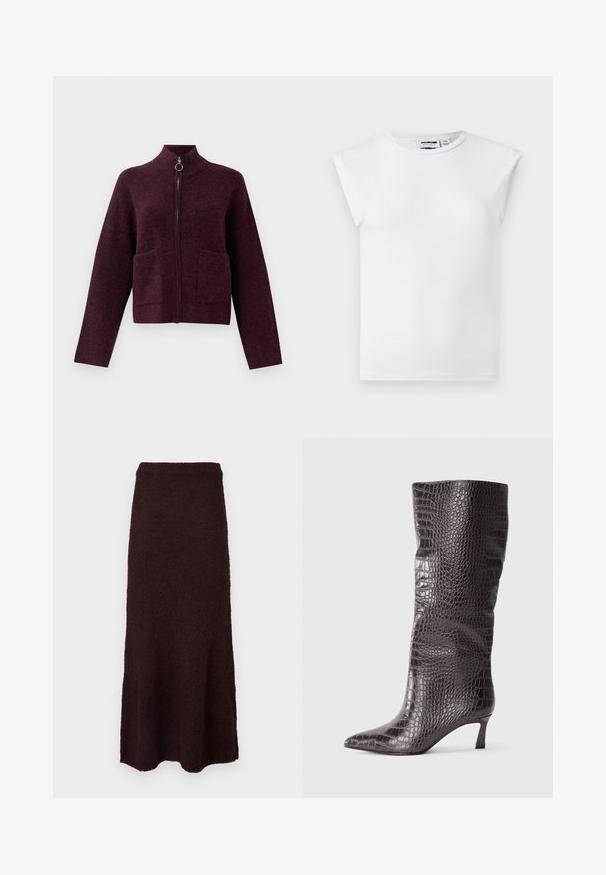 Mørkelilla zip-up sweater med høj krave, ring-pull lynlås, lange ærmer og to forlommer på en hvid baggrund.; Hvid ærmeløs top med rund hals og polstrede skulderdetaljer, lavet af ensfarvet stof, vist på en neutral baggrund.; Knee-langt, mørkebrun strikket nederdel med lige talje og let udskæring i kanten mod en hvid baggrund.; Brune faux læder knæhøje støvler med krokodilleprint, spids tå og en kort, stablet hæl. Glat tekstur, strømlinet design.