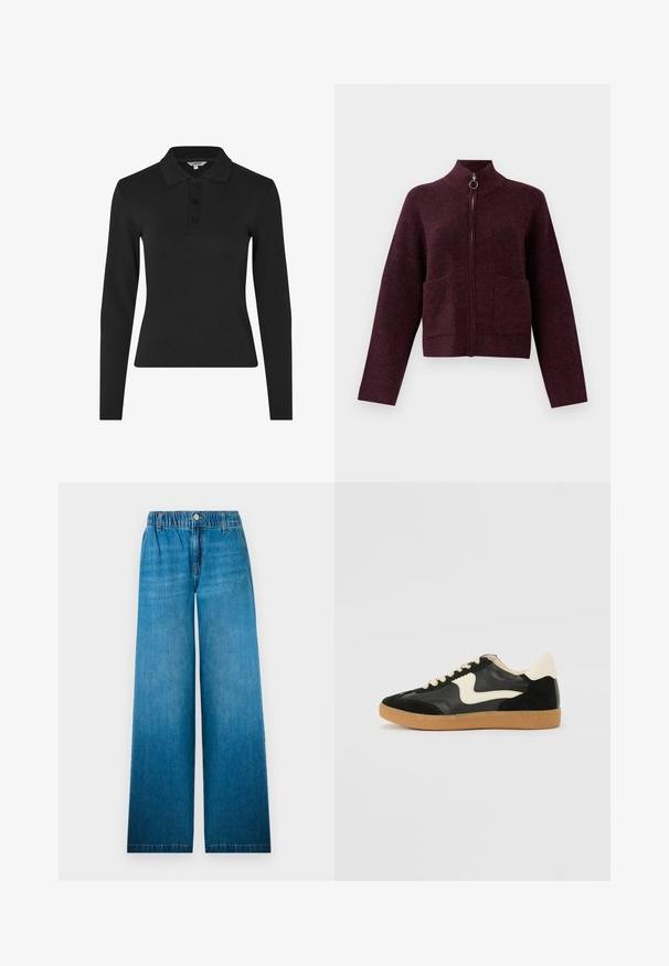 Donkerpaarse ritsvest met hoge kraag, ringtrekker-rits, lange mouwen en twee voorpatchzakken op een witte achtergrond.; Zwarte polo met lange mouwen van ribstof, met een klassieke kraag en drie knopen aan de voorkant.; Wijdere jeans van lichtblauwe denim, met een elastische tailleband, een knoopsluiting en een recht gesneden ontwerp met een vervaagd effect.; Zwarte suède en leren sneaker met een crèmekleurige zij-swoosh en lichte crèmekleurige hiel. Voorzien van beige veters en een gumrubberen zool.