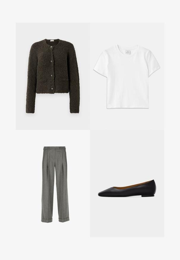 Kort, mørkegrøn cardigan med en struktureret overflade, rund halsudskæring og fem knapper. Har to forlommer og lange ærmer.; Hvid bomulds-t-shirt med rund hals, korte ærmer og lige kant. Mærke med teksten "Won Hundred" placeret i midten af halsudskæringen.; Grå skræddersyede bukser med hvide lodrette striber, plisseret front, manchetter, bæltesløjfer og knaplukning i taljen.; Sort læder flad sko med spids tå, lav hæl og glat finish, vist fra siden på en lysegrå baggrund.