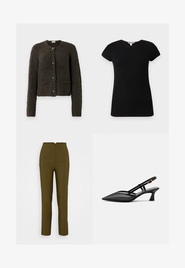 Cardigan court, vert foncé, avec une finition texturée, un col rond et cinq boutons. Possède deux poches avant et des manches longues.; T-shirt noir à manches courtes, côtelé, ajusté, avec col rond, présenté à plat sur un fond clair.; Pantalons ajustés vert olive avec taille haute, dotés de plis sur le devant et d'une coupe droite, fabriqués à partir d'un tissu lisse.; Chaussure slingback noire à bout pointu avec tige en mesh, fines brides, boucle dorée et petit talon incurvé sur fond blanc.