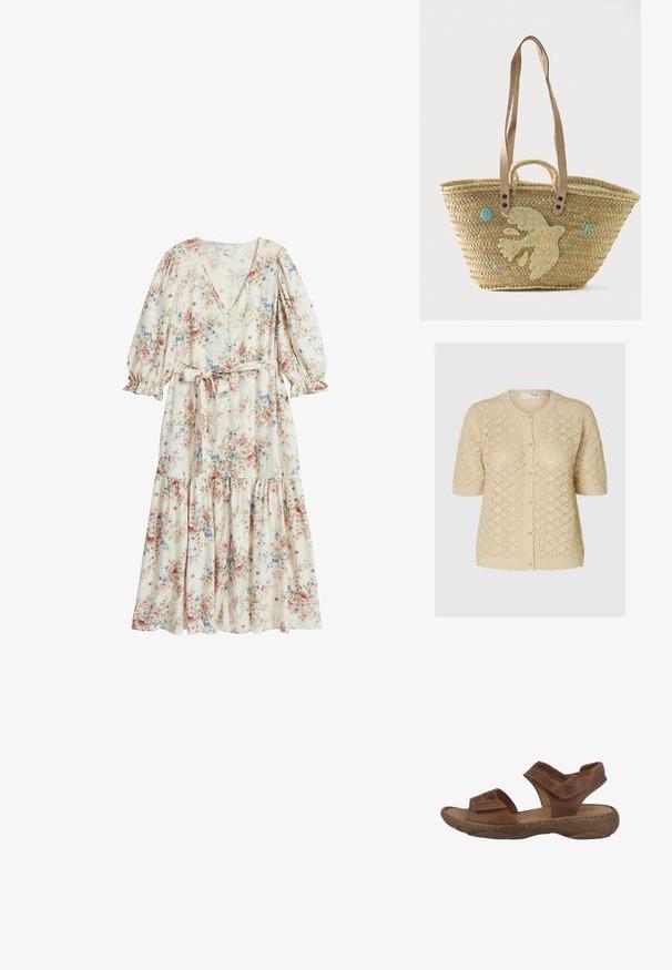 Lys beige, kortærmet cardigan lavet af tekstureret, strikket materiale med et diamantmønster og knaplukning foran. Detailler med bølgede kanter.; Blomstrete maxikjole i kremfarvet stof med puffede ærmer, dyb V-udskæring og bundet talje. Har en tiered nederdel med mønstre af pink og blå blomster.; Brune lædersandaler med en polstret sål, to justerbare stropper og en struktureret gummisål. Har synlige syninger.; Vævet stråtaske med beige læder skulderstropper, dekoreret med en stor syet fugl og blå broderede accenter.