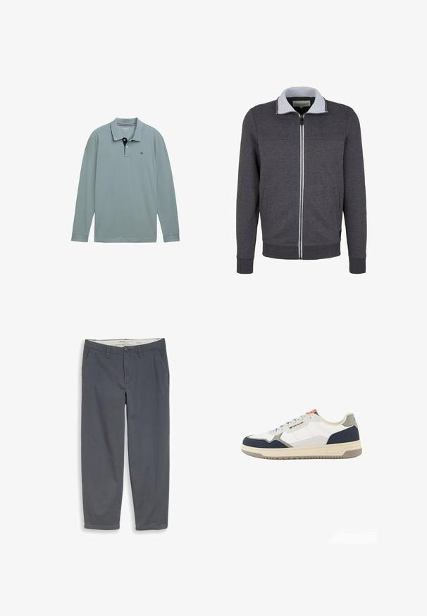 Grå zip-up jakke med en lys grå krave, ribbede manchetter og bundkant. Har sidelommer og en glat tekstur.; Langærmet polo-shirt i lys blå med en kontrastfarvet navy krave. Cotton materiale, med et lille logo på venstre bryst. Klassisk pasform.; Mørkegrå bukser med lige ben, bæltestropper, sidelommer, knaplukning og lynlåsgylp, størrelse medium, vist fladt på hvid baggrund.; Lav-sko med hvide, grå, marineblå og orange paneler, beige sål, snørelukning og Tom Tailor-logo på siden.