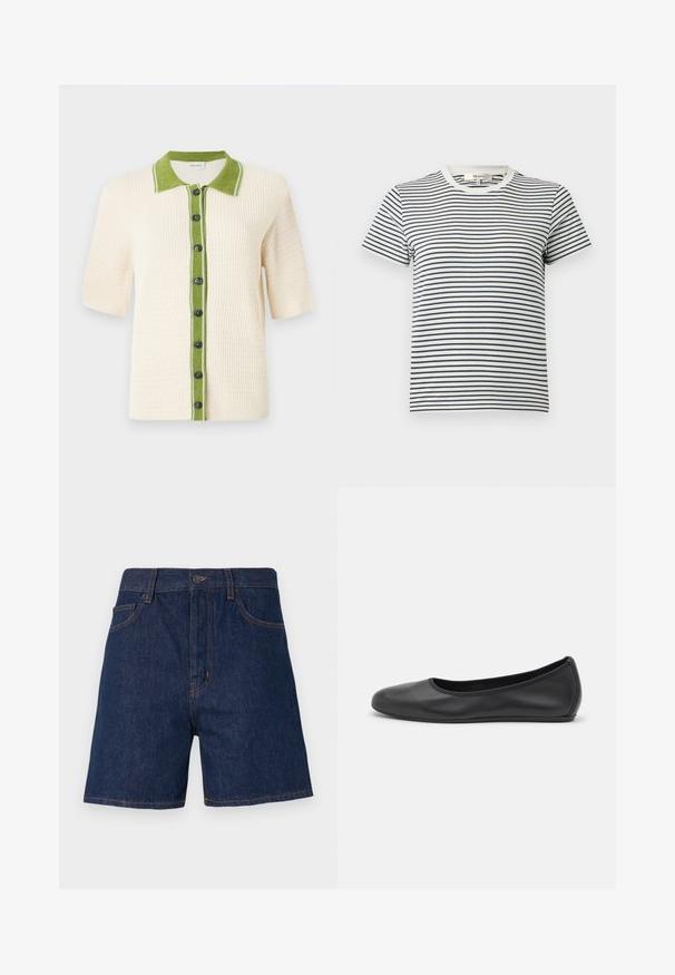 CLOSED SHORT SLEEVE - Gilet - ecru; T-shirt rayé en blanc et bleu marine avec des manches courtes et un col rond. Présente des rayures horizontales de différentes largeurs. Matériau en coton doux.; Shorts en denim bleu foncé avec un design classique à cinq poches, surpiqûres orange visibles et fermeture à bouton au niveau de la taille.; Ballerines en cuir noir avec un bout rond, texture lisse, détails de couture minimalistes et design de semelle flexible.