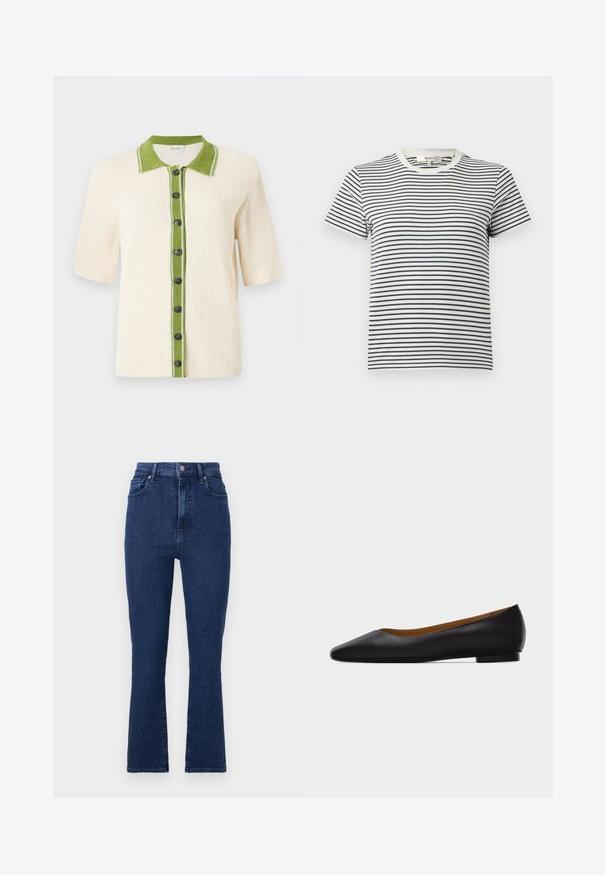 CLOSED SHORT SLEEVE - Strickjacke - ecru; Gestreiftes T-Shirt in Weiß und Marineblau mit kurzen Ärmeln und rundem Halsauschnitt. Mit horizontalen Streifen in unterschiedlicher Breite. Aus weichem Baumwollmaterial.; Dunkelblaue, hoch geschnittene Jeans aus Denimstoff mit geradem Bein, die vordere Taschen und einen Metallknopfverschluss aufweisen.; Schwarzer flacher Schuh aus Leder mit spitz zulaufender Vorderkappe, niedrigem Absatz und glatter Oberfläche, von der Seite vor einem hellgrauen Hintergrund dargestellt.