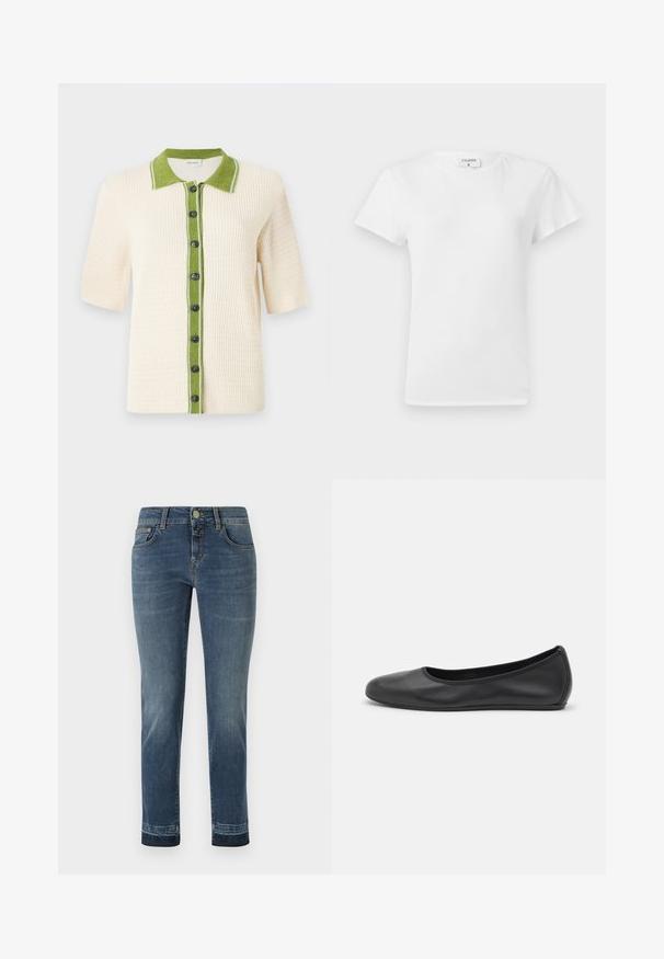 CLOSED SHORT SLEEVE - Kardigan - ecru; Valge puuvillane T-särk ümmarguse kaelusega ja lühikeste varrukatega, lõdva lõike ja minimalistliku disainiga. Silt on nähtav kaeluses.; Tumedat siniste denimid, sirge lõikega, klassikalise nööbi sulgemisega ja viie taskuga. Kerge kulumine reitel.; Musthave mustika tantsutossud mustast nahast, ümmarguse varbaga, siledast tekstuurist, minimaalse õmblusdetailiga ja paindliku tallakujundusega.