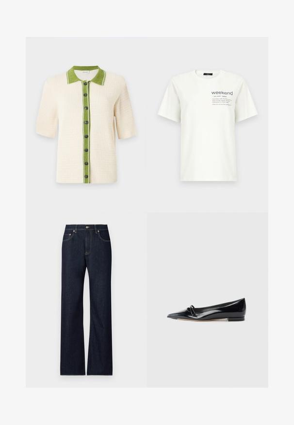 CLOSED SHORT SLEEVE - Gilet - ecru; T-shirt blanc à manches courtes avec le texte "weekend" et sa définition imprimés sur la partie supérieure gauche de la poitrine.; Jean en denim bleu foncé avec une coupe droite, comprenant cinq poches, des coutures jaunes contrastées et une fermeture à bouton en métal.; Chaussure plate en cuir verni noir avec un bout pointu, une petite lanière décorative et un petit talon carré. Texture lisse et design épuré.
