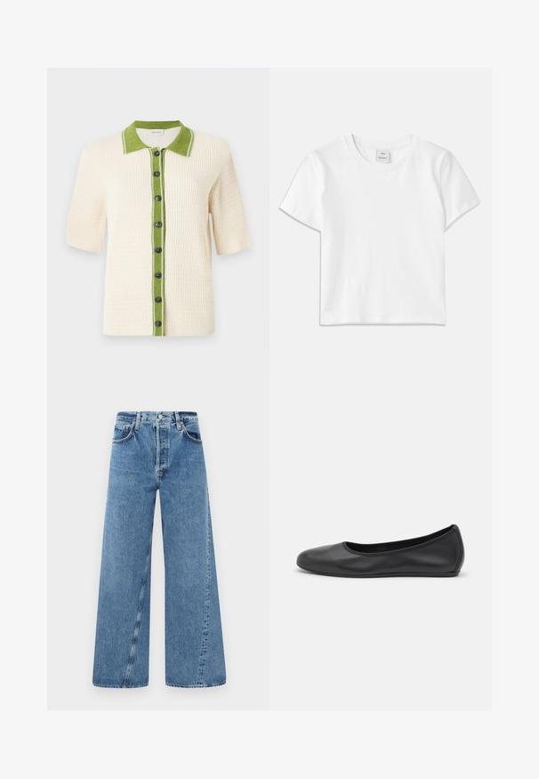 CLOSED SHORT SLEEVE - Kardigán - ecru; Biely bavlnený tričko s okrúhlym výstrihom, krátkymi rukávmi a rovnými lemami. Na strednej časti výstrihu je na štítku nápis "Won Hundred".; Džíny z modrej denimu s širokými nohavicami a vysokým pásom, zapínanie na gombík a predné vrecká. Tkanina má jemnú textúru a vybledlý vzhľad.; Čierne kožené baleríny s okrúhlou špičkou, hladkým povrchom, minimálnym prešívaním a flexibilným dizajnom podrážky.