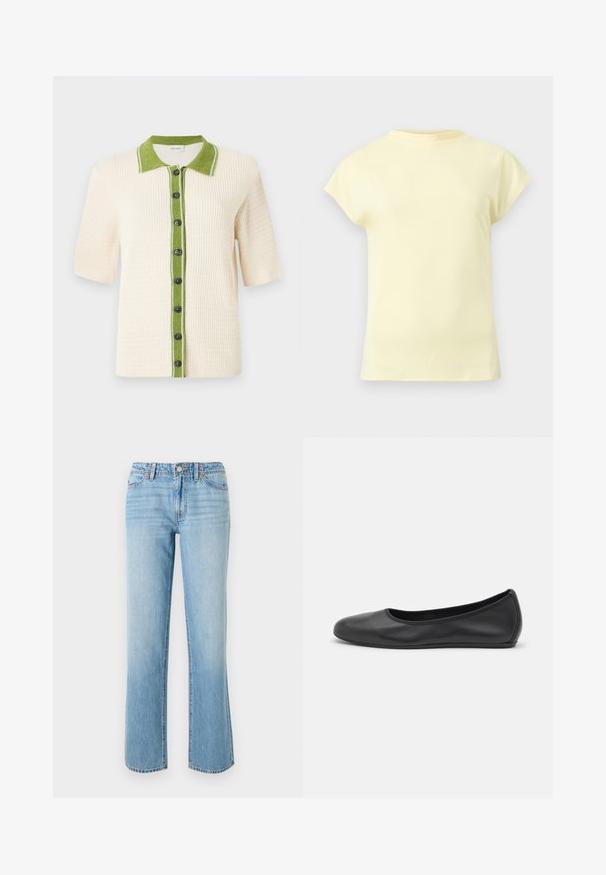 CLOSED SHORT SLEEVE - Vest - ecru; Lichtgeel, kortärmelig T-shirt met een ronde halslijn, weergegeven op een neutrale lichtgrijze achtergrond.; RE/DONE THE SANASA - Relaxed fit jeans - media noche; Zwarte leren ballerina met een ronde neus, gladde textuur, minimale stikdetails en een flexibele zoolontwerp.