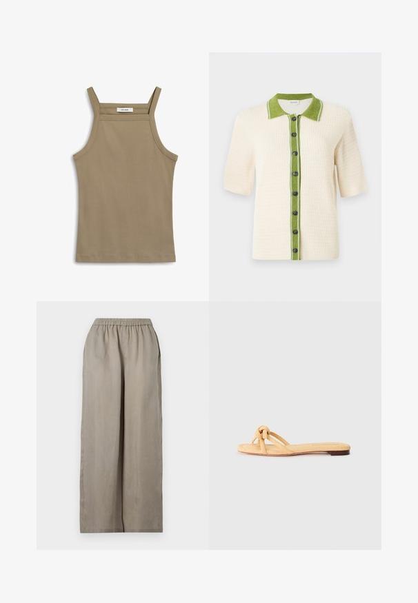 CLOSED SHORT SLEEVE - Neuletakki - ecru; Khaki värinen tankkitoppi, jossa on ohuet olkaimet, jäykistetty pinta ja suora helma. Merkkilapussa lukee "IVY OAK" pääntiessä.; Vaaleanruskeat leveälahkeiset housut, joissa joustava vyötärö ja sivutaskut, esillä yksiväristä taustaa vasten.; Keltaisia kudottuja litteitä sandaaleja, joissa on kaksi ristikkäistä hihnaa, solmulause etuosassa ja matala ruskea pohja.