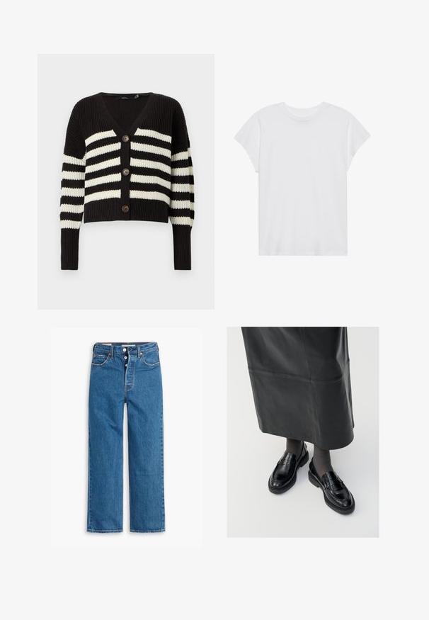 Sort strikket cardigan med hvide, vandrette striber, tre knapper foran, dyb V-udskæring og lange ærmer med ribkant.; Hvid kortærmet t-shirt med rund hals, afslappet pasform, lavet af blødt bomuldsstof. Glat tekstur, ingen mønstre eller logoer.; Blå denim lige ben jeans med høj talje, fem lomme design og knaplukning. Markante syninger og kobberfarvede nitter.; Sorte læder loafers med en glat finish, prydet med en dekorativ rem, rund tå og tekstureret sål. Båret med en lang sort læderskirt.