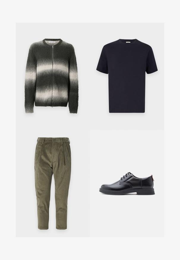 Suéter tejido difuso en degradado de verde oscuro y gris claro. Cuenta con cierre frontal con cremallera, cuello redondo y puños y bajo acanalados.; Camiseta de algodón azul marino con escote redondo, manga corta y corte relajado; textura suave; sin patrones o elementos metálicos visibles.; Pantalones de pana verde oliva con un corte relajado, que presentan pliegues, una cintura elástica y piernas entalladas. Tejido texturizado con costillas verticales.; Zapatos de piel negra con cordones, textura lisa, puntera redondeada y detalles sutiles de costura. Cuentan con una lengüeta roja en el talón.