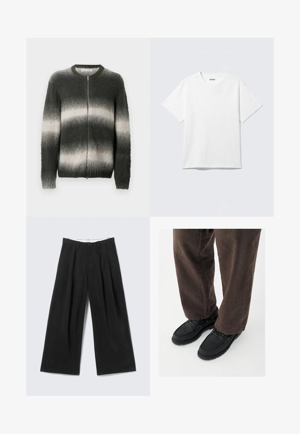 Blød, strikket sweater i mørkegrøn og lysegrå gradueret farve. Har lynlås foran, rund halsudskæring samt ribstrikkede ærmegab og kant.; Hvid kortærmet crewneck T-shirt lagt fladt ud, ensfarvet design, med "WEEKDAY" mærkat inde i kraven på en lys baggrund.; Sorte bukser med vide ben, læg, bæltestropper og en knaplukning, vist mod en lys grå baggrund.; Sorte lædersko med glat finish, rundet tå og snøredesign, kombineret med teksturerede brune bukser. Set fra gulvniveau.