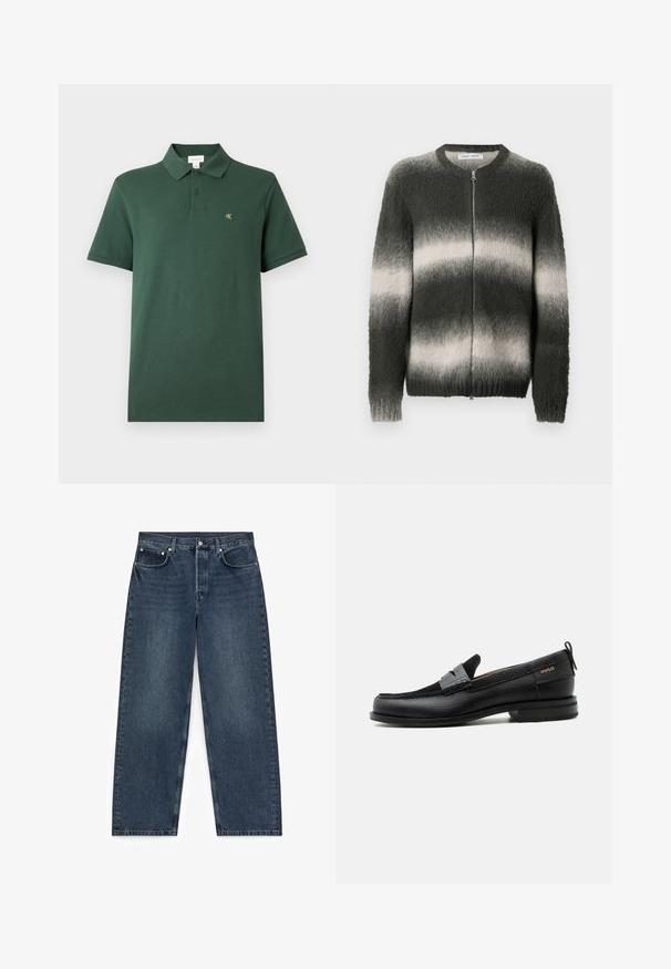Zachte, gebreide trui in een donker groen en lichtgrijs verloop. Heeft een ritssluiting aan de voorkant, een ronde halslijn en geribbelde manchetten en zoom.; Donkergroen polo shirt met korte mouwen, twee knopen en een klein geel "cK"-logo op de linkerborst, op een effen achtergrond.; Donkerblauwe spijkerbroek met rechte pijpen, vijf zakken en knoopsluiting, plat gelegd op een witte achtergrond.; Zwarte leren loafer met grijs riemdetailelement, lage hak en gestructureerde zool, aan de zijkant gebrandmerkt met "HUGO" in goud.