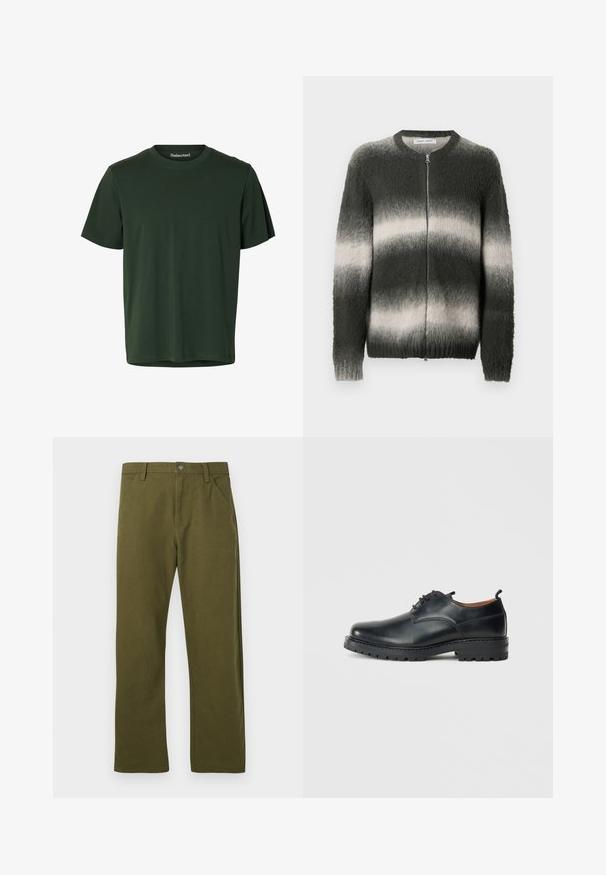 Suéter tejido difuso en degradado de verde oscuro y gris claro. Cuenta con cierre frontal con cremallera, cuello redondo y puños y bajo acanalados.; Camiseta verde oscuro de manga corta con cuello redondo, confeccionada en tejido liso con un dobladillo recto.; Pantalones de algodón verdes con corte recto, que cuentan con un diseño de bolsillo frontal, cierre de botón metálico y detalles de costura sutiles.; Zapatos derby de cuero negro con una textura suave, punta redondeada, diseño de cordones y una suela de goma gruesa y resistente.