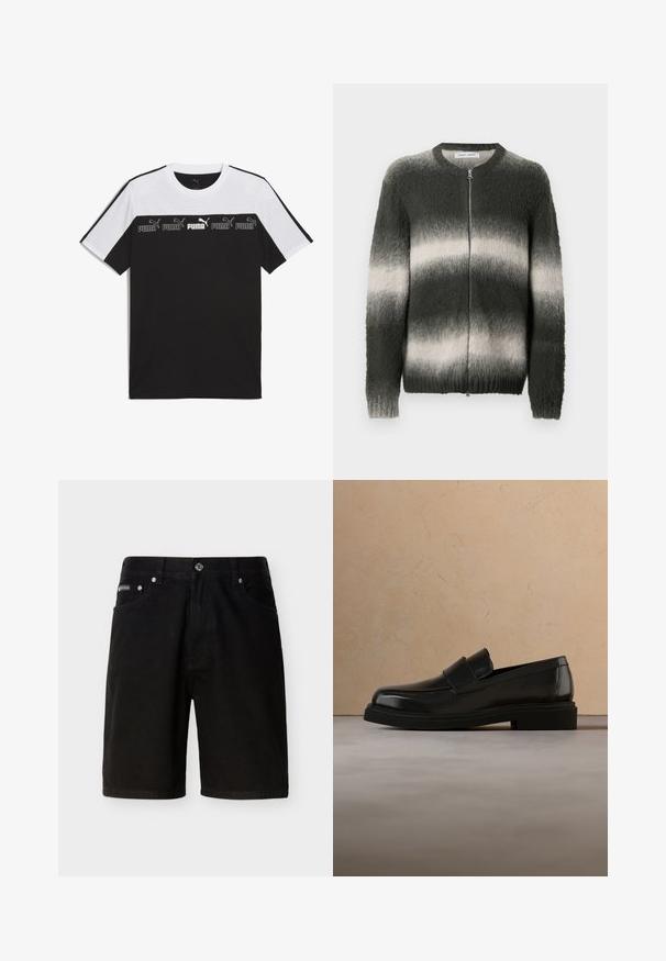 Suéter tejido difuso en degradado de verde oscuro y gris claro. Cuenta con cierre frontal con cremallera, cuello redondo y puños y bajo acanalados.; Camiseta de manga corta en blanco y negro hecha de algodón, con un logotipo de PUMA en el centro en un diseño gráfico audaz y una textura en el pecho.; Pantalones cortos de mezclilla negros de longitud media con cierre de botón y cremallera, presillas para cinturón, bolsillos delanteros y un pequeño logo de Calvin Klein en el bolsillo derecho.; Mocasín de cuero negro flotando sobre una alfombra beige texturizada, con una mesa de centro redonda de madera y libros al fondo.
