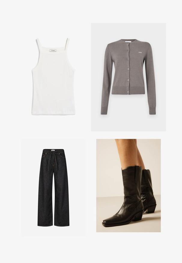 Grijze gebreide cardigan met lange mouwen, geribbelde manchetten en zoom, met een ronde halslijn en knoopsluiting. "2ND" logo geborduurd op de borst.; Witte tanktop met dunne banden, gemaakt van ribkatoenen stof, met een rechte halslijn en een nette afwerking aan de zoom.; Donkere denim wijde broek met hoge taille, gestrikte riem en contrasterende oranje stiksels. Voorzien van een klassiek ontwerp met vijf zakken.; Zwarte leren cowboylaarzen tot halverwege de kuit met puntige neuzen en blokhakken, gedragen op blote benen tegen een neutrale achtergrond.