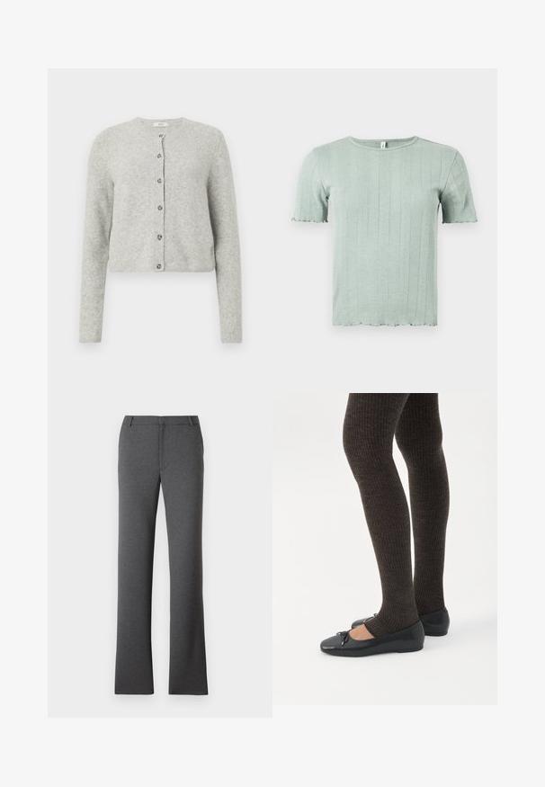 Lys grå cardigan lavet af et blødt, struktureret stof. Har en rund halsudskæring, lange ærmer og en knaplukning foran med seks knapper.; Lys grøn kortærmet striktop med lodret ribning og subtile øjldetaljer, med rund halsudskæring og let krusede kanter.; Grå bukser med en lige ben-design. Fremstillet af et struktureret stof, med flad front og bæltesløjfer. Ingen synlige mønstre eller hårdvarer.; Ben iført mørke ribbede leggings kombineret med sorte balletsko med små sløjfedetaljer på hvid baggrund.
