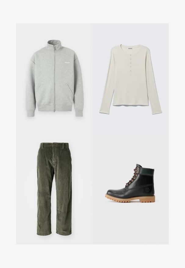 Sivá mikina na zips, vyrobená z mäkkého materiálu, s vysokým golierom, dvoma prednými vreckami a minimalistickým bielym logom na hrudi.; Krémeňové henley tričko s dlhým rukávom, okrúhlym výstrihom a päťgombíkovou légou, označené Weekday, položené na neutrálnej podkladovej ploche.; Olivové kordové nohavice s vertikálnym ryhovaním, s uzáverom na gombík a rovnými nohavicami. Mäkká textúra s klasickým strihom.; Čierne kožené členkové topánky s hnedými šnúrkami, polstrovaným zeleným golierom a pieskovou gumovou podrážkou s hlbokým dezénom, bočný pohľad na bielom pozadí.
