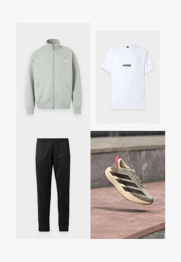 Hall tooniga lukuga dressipluus, valmistatud pehmest kangast, millel on kõrge krae, kaks esiataskut ja valge väike logo rinnal.; Valge lühikeste varrukatega T-särk musta "The North Face" logoga ja "Never Stop Exploring" tekstiga rinnal keskel.; Mustad mustad spordipüksid, mis on valmistatud siledast kangast, elastse vöökohtaga, kitsenevate jalgadega ja ribaga pahkluude juures.; Hele beežid jooksujalatsid mustade triipude, beežide taldade ja roosa kanna sangaga, mis hõljub roosa betoonpinna kohal.