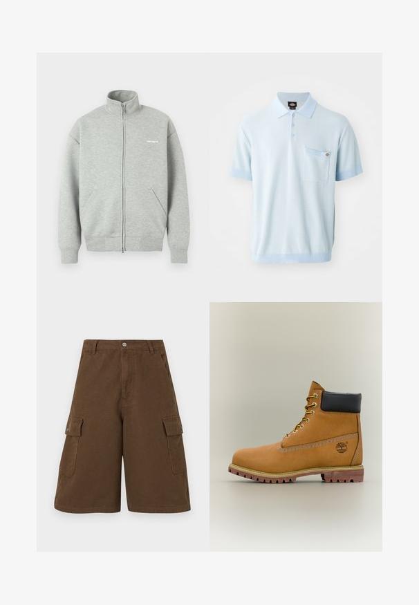 Grå hættefri sweatshirt med lynlås, lavet af blødt stof, med høj krave, to forlommer og minimal hvid branding på brystet.; Lyseblå polo skjorte med tekstureret stof, tre knapper, korte ærmer med kontrastfarvede manchetter og en brystlomme.; Brune cargo shorts med lige snit, to sidelommer og knaplukning foran. Fremstillet af slidstærkt bomuldsstof med en mat finish.; Brun læderankelstøvle med sort krave, gule snørebånd og tanfarvet sål. Har logo og hvide syninger som detalje. Robust ydersål med greb.