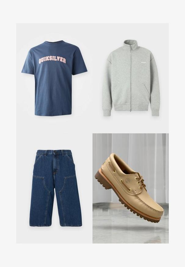 Hall tooniga lukuga dressipluus, valmistatud pehmest kangast, millel on kõrge krae, kaks esiataskut ja valge väike logo rinnal.; Tumedate lühikeste varrukatega T-särk, millel on rinnal valged ja roosad ülikooliliku stiiliga tähed "QUIKSILVER".; Tumedasinised laiade säärtega teksapüksid, esitaskute, vööaaste ja nööpkinnitusega.; Heled pruun nahast paadiking, millel on paks ja sooneline tald ning nöördetailid, hõljuv marmorist põranda ja valgete vertikaalsete kardinate taustal.