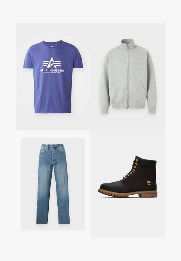 Grauer Reißverschluss-Pullover aus weichem Stoff, mit hohem Kragen, zwei Fronttaschen und minimalem weißen Branding auf der Brust.; Lila Baumwoll-T-Shirt mit kurzen Ärmeln, das ein weißes Logo mit "ALPHA INDUSTRIES" und einem geometrischen Design zeigt.; Hellblaue Jeans mit geradem Bein, vorn Taschen, Gürtelschlaufen und Knopfverschluss.; Schwarze Leder-Ankle-Boots mit goldenen Ösen, braunen Akzenten und einer Gummisohle. Verfügt über einen gepolsterten Schaft und ein geprägtes Logo an der Seite.