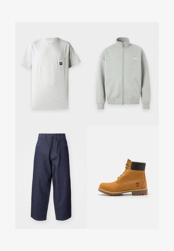 Grå hættefri sweatshirt med lynlås, lavet af blødt stof, med høj krave, to forlommer og minimal hvid branding på brystet.; Herret grå bomulds t-shirt med rund halsudskæring, korte ærmer og lomme på venstre bryst, forsynet med en lille sort logo-patch.; Mørkeblå denim jeans med en løs, bred ben-design. Funktioner inkluderer en knaplukning, frontlommer og synlige stikninger.; Brune læder ankelstøvle med metaløjer, hvid pelsforing, sort polstret krave, robust sål og præget logo på siden.