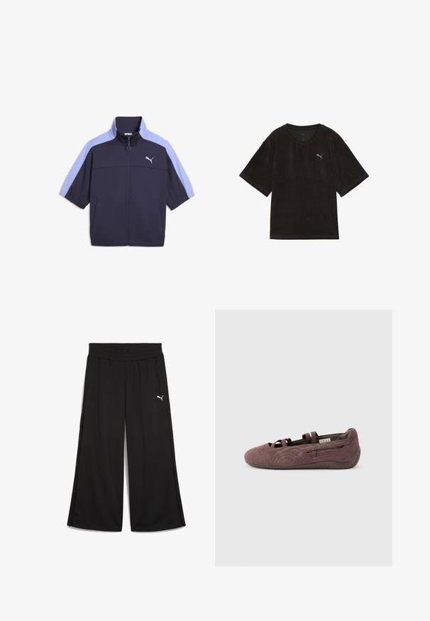 Marineblå jakke med lyseblå korte ærmer og høj krave, med fuld lynlås foran og hvidt Puma-logo på brystet. To sidelommer.; Sort corduroy t-shirt med korte ærmer, rund halsudskæring og et lille, lysegråt logo på venstre bryst. Blød tekstur og afslappet pasform.; Sorte sportbukser med elastisk talje, sidelukninger med knapper og en hvid Puma-logo på forsiden. Fremstillet af letvægtigt stof.; Brun ruskinds balletsko med elastiske stropper og tekstureret sål, vist i profil mod en ensfarvet lys baggrund.