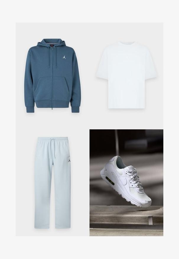 Blauwe hoodie met ritssluiting van zacht materiaal, voorzien van een kangoeroezak, geribbelde mouwen en een klein wit logo op de borst.; Lichtblauw, katoenen T-shirt met korte mouwen en een ronde hals. Voorzien van een klein wit Jordan-logo op de borst.; Lichtblauwe joggingbroek van zachte stof, met een elastische tailleband met trekkoord, twee zijzakken en een zwarte logo-accent.; Witte Nike Air Max 90 sneaker met een bovenwerk van mesh en leer, een geperforeerde teenbox en een zichtbare luchtunit in de hiel.