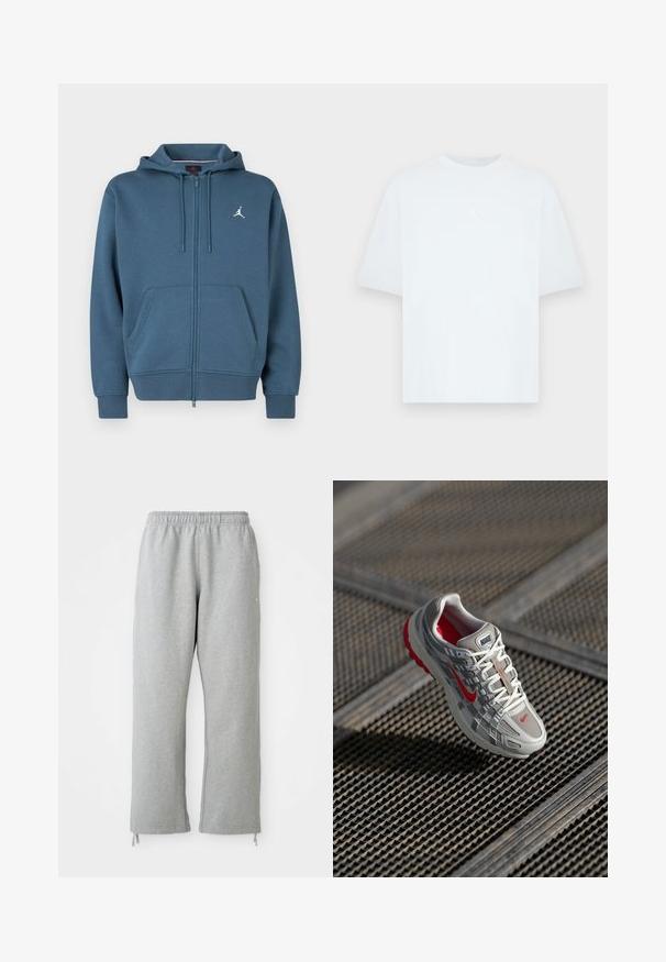 Blauer Zip-Hoodie aus weichem Material, mit Kängurutasche, gerippten Bündchen und einem kleinen weißen Logo auf der Brust.; Hellblaues kurzärmliges T-Shirt aus Baumwolle mit rundem Ausschnitt. Verfügt über ein kleines weißes Jordan-Logo auf der Brust.; Graue Sweatpants mit einem elastischen Bund, geraden Beinen und Kordelzug-Akzenten am Saum. Hergestellt aus weichem, strukturierter Stoff.; Nike-Laufschuh mit einem grauen Mesh-Obermaterial, roten Akzenten und einer strukturierten weißen Sohle. Die Schnürsenkel sind weiß mit silberfarbenem Zubehör zum Festziehen.