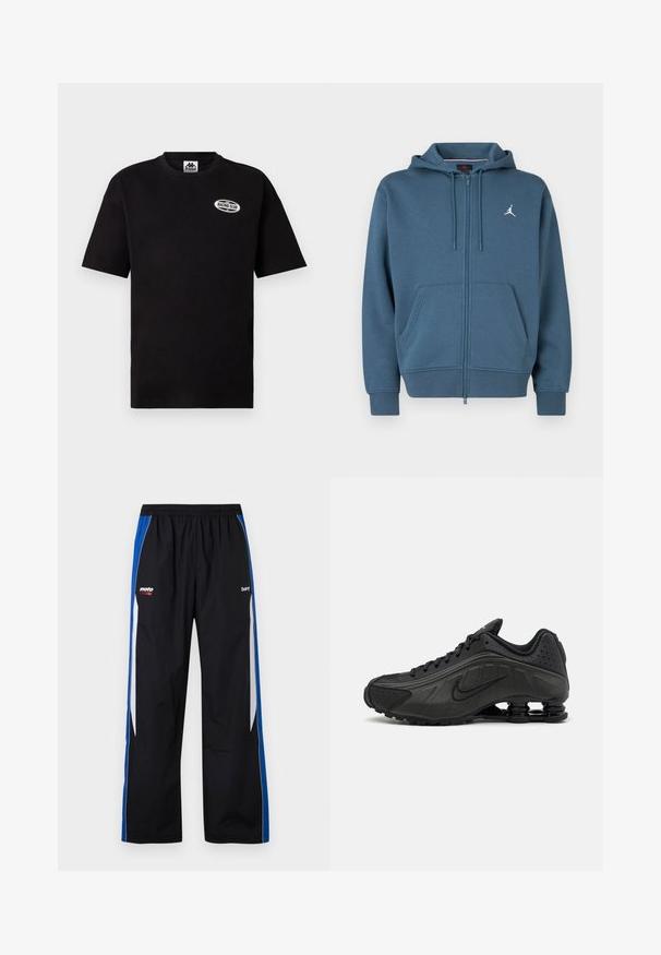 Sweat à capuche bleu avec fermeture éclair, fabriqué en matériau doux, comprenant une poche kangourou, des poignets côtelés et un petit logo blanc sur la poitrine.; T-shirt noir à manches courtes de la marque Kappa avec le logo ovale "Racing Club" sur le haut côté gauche de la poitrine et un col rond.; Pantalon de survêtement noir avec des bandes latérales bleues et blanches, taille élastique, et petits logos "moto" blanc et "bare" rouge sur le devant.; Baskets de course noires avec une tige en synthétique lisse, des accents perforés, des panneaux latéraux texturés et une semelle distincte et rebondissante.