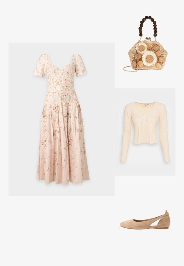 Pull en maille côtelée beige, court, avec des manches longues, un décolleté en V profond, une fermeture nouée à l'avant et un petit logo brodé sur le côté gauche.; Robe midi rose clair avec manches bouffantes, décolleté en cœur et délicate broderie florale sur toute la robe.; Ballerines en daim beige avec un bout pointu, un design à côtés découpés et un petit talon. Texture lisse et style minimaliste.; Sac à main en paille tissée avec une grande anse composée de grosses perles en bois foncé, décorations florales au crochet, pompons, strass et une bandoulière chaîne dorée.