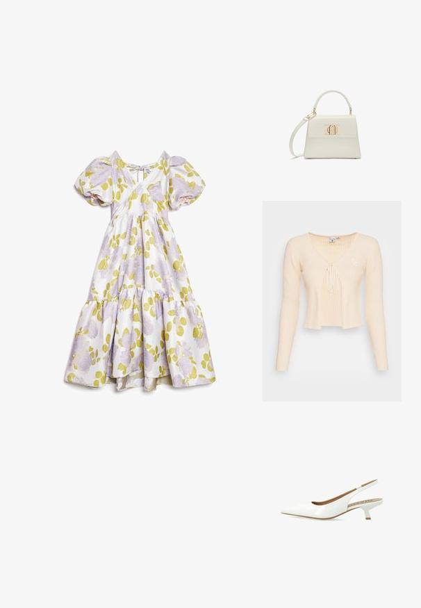 Pull en maille côtelée beige, court, avec des manches longues, un décolleté en V profond, une fermeture nouée à l'avant et un petit logo brodé sur le côté gauche.; Robe midi blanche avec manches bouffantes, motif floral violet, feuilles vertes, col en V et détail noué dans le dos, jupe à volants.; Escarpin en cuir verni blanc avec un bout pointu, doté d'un petit talon carré et d'un détail découpé à l'arrière. Texture lisse.; Petit sac à main blanc avec poignée supérieure, bandoulière amovible et fermoir rectangulaire doré sur la rabat avant.