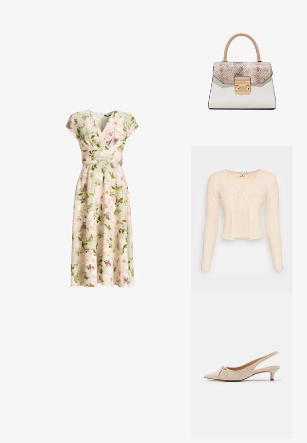 Jersey recortado de color beige con rayas, de mangas largas, escote en V profundo, cierre atado en el frente y un pequeño logo bordado en el lado izquierdo.; Vestido cruzado verde con estampado floral, mangas tipo capa, cintura ajustada y falda midi en línea A con flores rosas y blancas y hojas verdes.; Tacones slingback de charol beige con puntera afilada y un lazo decorativo en el empeine. Incluyen un tacón bajo y estilizado con una textura suave.; Bolso estructurado con solapa beige con estampado de serpiente, cierre dorado y cuerpo blanco liso, con una asa superior beige redondeada.