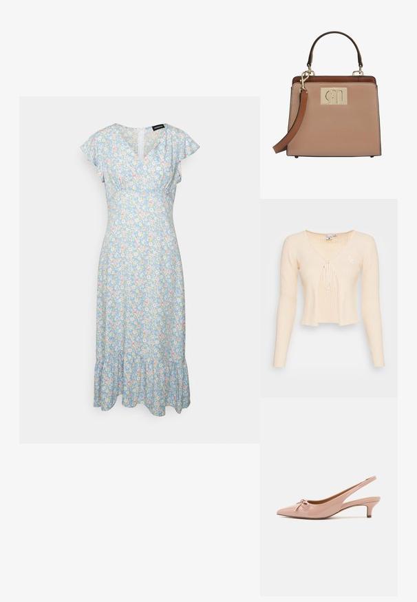Pull en maille côtelée beige, court, avec des manches longues, un décolleté en V profond, une fermeture nouée à l'avant et un petit logo brodé sur le côté gauche.; Even&Odd by Zalando Robe de jour - light blue/pink; Escarpins à talon slingback en cuir verni rose pâle avec un bout pointu, un détail en nœud à l'avant, et un petit talon. Texture lisse avec une finition brillante.; Sac à main structuré en cuir beige texturé, doté d'une plaque logo en métal doré, d'une poignée supérieure et d'une bandoulière amovible.