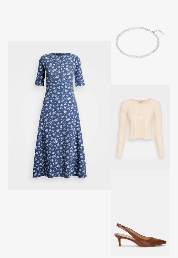 Jersey recortado de color beige con rayas, de mangas largas, escote en V profundo, cierre atado en el frente y un pequeño logo bordado en el lado izquierdo.; Vestido floral azul hecho de un tejido suave, con mangas cortas, un escote redondo y una silueta en A con patrones de flores blancas.; Zapato de mujer tipo slingback de cuero marrón con punta punteada y tacón bajo tipo kitten sobre fondo blanco.; Collar de perlas blancas con perlas de tamaño uniforme, textura suave y un broche de plata que cuenta con una cadena ajustable para personalizar la longitud.