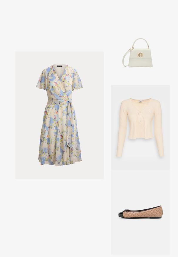 Jersey recortado de color beige con rayas, de mangas largas, escote en V profundo, cierre atado en el frente y un pequeño logo bordado en el lado izquierdo.; Vestido cruzado floral de tela ligera con escote en V, mangas cortas con vuelo y cinturón de lazo. Predominantemente azul con detalles en amarillo y rosa.; Pretty Ballerinas Bailarinas - black/beige; Pequeño bolso blanco de mano con asa superior, correa de hombro desmontable y cierre rectangular dorado en la solapa frontal.