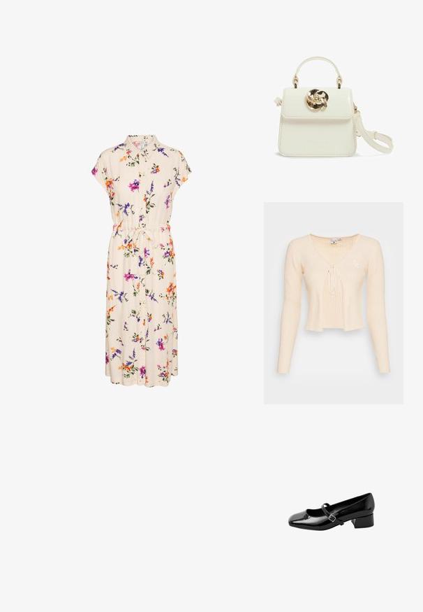 Jersey recortado de color beige con rayas, de mangas largas, escote en V profundo, cierre atado en el frente y un pequeño logo bordado en el lado izquierdo.; Vestido floral con cuello camisero y mangas cortas, confeccionado en una tela crema adornada con flores de colores y con una cintura atada para un mejor ajuste.; Zapato Mary Jane de charol negro con puntera redonda, tacón bajo tipo bloque y una tira delgada ajustable con hebilla plateada.; Pequeño bolso de mano de color crema con asa superior, correa desmontable y cierre dorado con forma de flor en la solapa frontal.