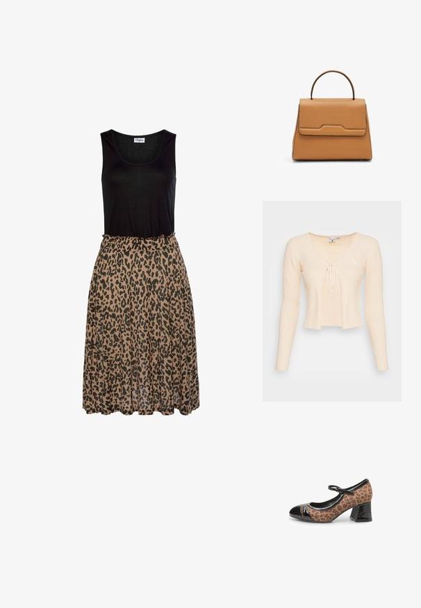 Jersey recortado de color beige con rayas, de mangas largas, escote en V profundo, cierre atado en el frente y un pequeño logo bordado en el lado izquierdo.; Top negro sin mangas con estampado de leopardo y falda marrón suave. La falda presenta una cinturilla de elastano con fruncidos y una textura de tela fluida.; Zapato Mary Jane con parte superior de tela con estampado de leopardo, acentos de charol negro en la puntera y el talón, y un tacón grueso. Incluye correa ajustable.; Bolso de piel color cuero claro con forma trapezoidal estructurada, asa superior y cierre con solapa frontal con sutil marca en relieve.