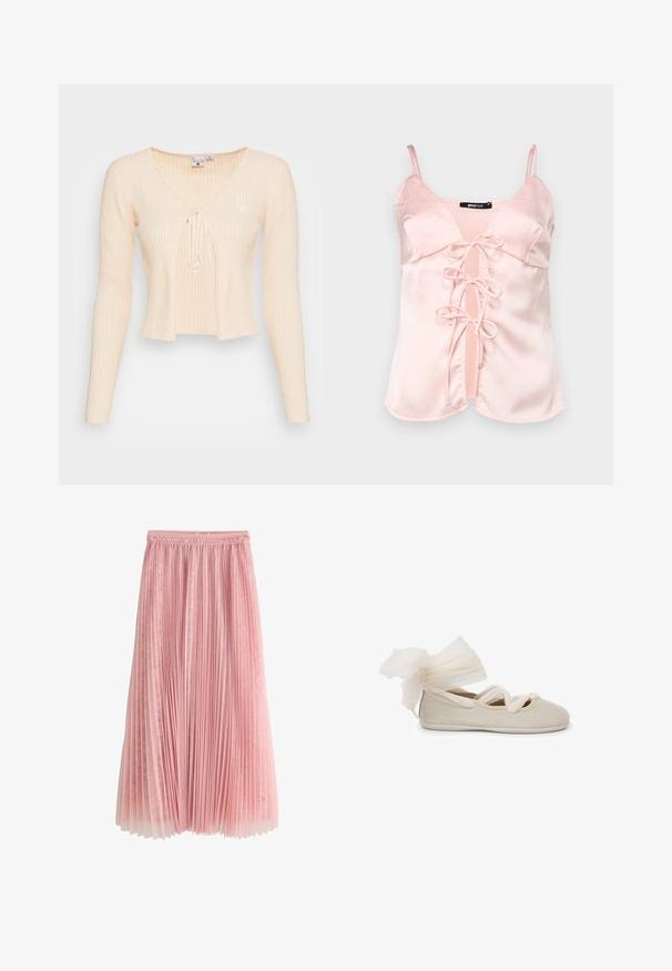 Pull en maille côtelée beige, court, avec des manches longues, un décolleté en V profond, une fermeture nouée à l'avant et un petit logo brodé sur le côté gauche.; Camisole en satin rose avec des bretelles spaghetti réglables, dotée d'une fermeture à nouer à l'avant avec des anses et d'un décolleté en V. Texture lisse et lignes épurées.; Jupe midi plissée rose avec une sous-couche en dentelle et une ceinture froncée, présentée sur un fond blanc.; Ballerines beige avec une finition texturée, présentant un nœud élégant en tissu transparent au talon et des brides entrecroisées sur le dessus.