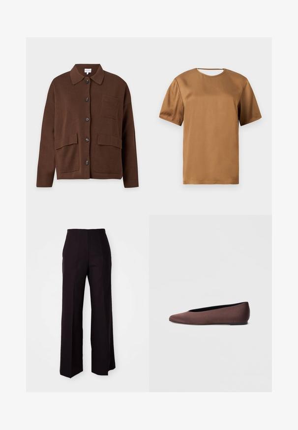 Brun langærmet cardigan med knapper, krave og tre påsyede lommer, lavet af strikket stof, vist mod en ensfarvet baggrund.; Brun satinbluse med korte ærmer, rund halsudskæring og et lille udskæringsdetalje ved bagkraven.; Sorte vide benbukser med høj talje, der har en glat tekstur og subtile frontfolder, skræddersyet til en struktureret pasform.; Brune balletflade sko i stof med spids tå og glat tekstur, med lav hælkappe og tynd sort sål. Ingen synlige mønstre eller beslag.
