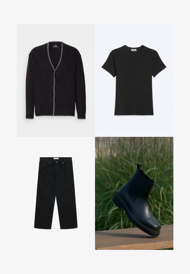 Donkergrijze knoopjack met lichtergrijze bies langs de V-hals, voorkant, manchetten en zoom.; Effen zwart T-shirt met korte mouwen en een ronde hals met een Weekday-merklabel in de kraag, getoond op een witte achtergrond.; Zwarte wijde jeans van denim stof, met een knoopsluiting aan de voorkant, riemlussen en zakken. Gladde textuur, minimalistisch ontwerp.; Zwarte leren Chelsea-boot met elastische zijkanten, ronde neus, lage hak en een lussen achteraan, tegen een vage groene achtergrond.