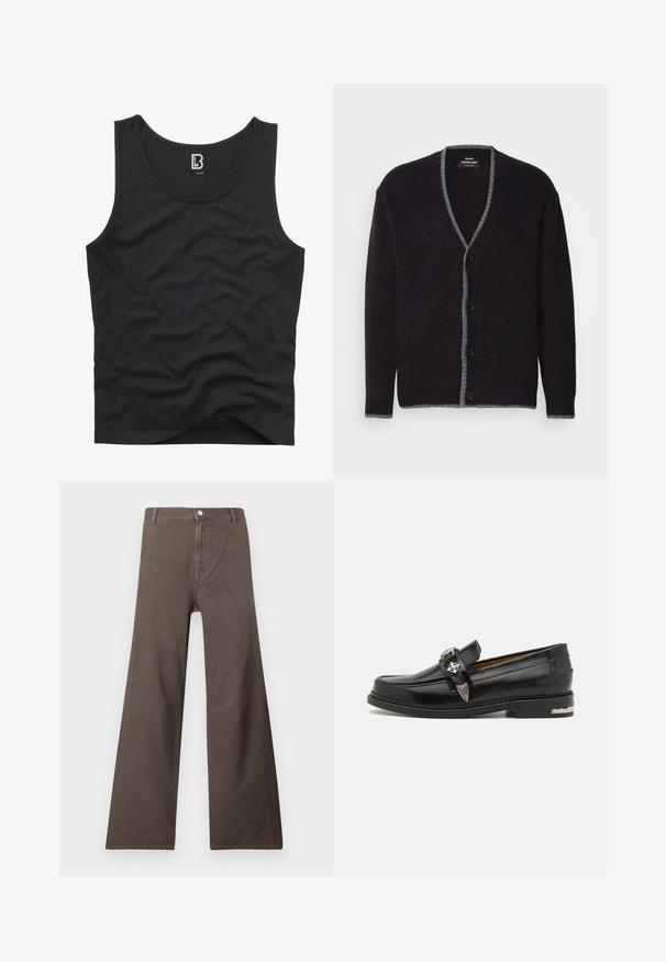 Cárdigan de botones en gris oscuro con ribetes en gris claro a lo largo del escote en V, el frontal, los puños y el dobladillo.; Top negro sin mangas hecho de una tela suave, con un escote redondeado y sisa, con un diseño liso y sin patrones ni acentos visibles.; Pantalones de pierna ancha marrones con cintura alta, cierre de botón, asegurar cinturón y detalles de costura visibles en las piernas.; Mocasines de cuero negro con herrajes decorativos plateados, un diseño de estilo mocasín en la parte superior, costuras detalladas y un tacón apilado.