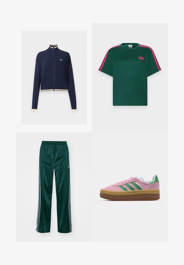 Navy blue full-zip knit sweater with ribbed texture, high collar, long sleeves, and cream-colored trim on collar, cuffs, and hem.; Green short-sleeve t-shirt with bright pink stripes on shoulders and Adidas trefoil logo on the chest.; Dark green athletic pants made of shiny material, featuring side stripes in light gray and an embroidered logo on the left leg.; Pink suede sneakers with green stripes, white accents, and a brown rubber sole. Features textured fabric and logo detailing on the side.
