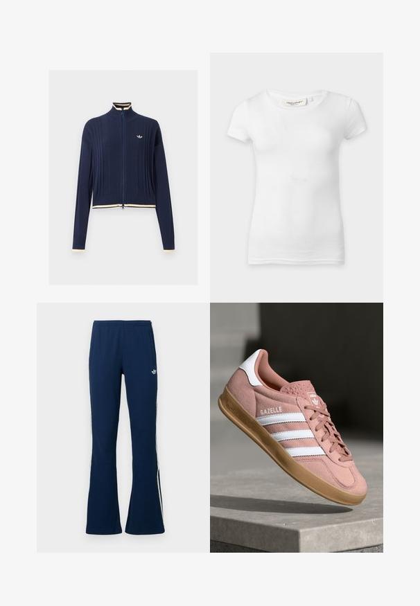 Pull en maille bleu marine à fermeture éclair intégrale, texture côtelée, col montant, manches longues et bordure crème au col, aux poignets et à l'ourlet.; T-shirt blanc uni à manches courtes et coupe ajustée avec un col rond, présenté sur une surface plane.; Pantalon de survêtement évasé côtelé bleu marine avec des rayures blanches sur les côtés et un logo brodé sur la côté gauche, doté de deux poches latérales.; Baskets en suede rose avec des rayures blanches, semelle en caoutchouc, supérieur texturé et logo sur la languette. Design classique basse.
