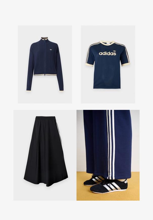 Navy blue full-zip knit sweater with ribbed texture, high collar, long sleeves, and cream-colored trim on collar, cuffs, and hem.; Navy blue Adidas mesh short-sleeve shirt with cream trim, three cream stripes on sleeves, and Adidas logo on chest.; Black wide-leg pants with elastic waistband and white side stripes, displayed against a plain white background.; Navy sweatpants with three white vertical stripes and black athletic shoes featuring silver stripes and a textured surface. Yellow floor.