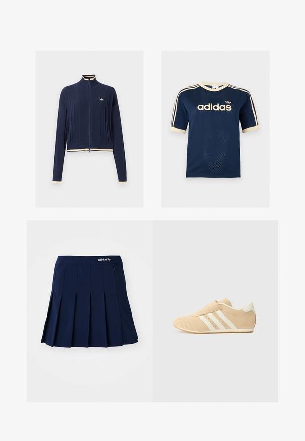Tmavomodrý pletený sveter na zips, rebrovaná štruktúra, vysoký golier, dlhé rukávy a krémový lem na golieri, manžetách a spodnom okraji.; Tmavomodré Adidas sieťované tričko s krátkym rukávom s krémovým lemom, troma krémovými pruhmi na rukávoch a logom Adidas na hrudi.; Námornícky skládací sukňa vyrobená z ľahkého materiálu; má elastický pás a malú zipsovú kapsu, s bielym logom Adidas vpredu.; Svetlohnedé a krémové športové topánky s hladkým koženým zvrškom, troma bielymi pruhmi po stranách a zaoblenou špičkou. Štruktúrovaný zvršok s perforáciami.