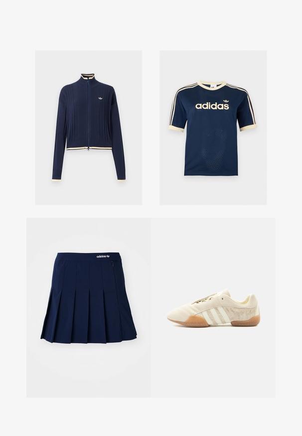 Tmavomodrý pletený sveter na zips, rebrovaná štruktúra, vysoký golier, dlhé rukávy a krémový lem na golieri, manžetách a spodnom okraji.; Tmavomodré Adidas sieťované tričko s krátkym rukávom s krémovým lemom, troma krémovými pruhmi na rukávoch a logom Adidas na hrudi.; Námornícky skládací sukňa vyrobená z ľahkého materiálu; má elastický pás a malú zipsovú kapsu, s bielym logom Adidas vpredu.; Nízky béžový teniska s tromi bielymi pruhmi, textúrovanými semišovými bočnými panelmi, gumovou podrážkou a šnurovaním na jednofarebnom pozadí.