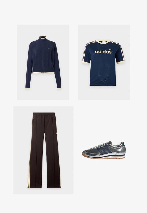 Pull en maille bleu marine à fermeture éclair intégrale, texture côtelée, col montant, manches longues et bordure crème au col, aux poignets et à l'ourlet.; T-shirt à manches courtes en mesh bleu marine Adidas avec bordure crème, trois bandes crème sur les manches et logo Adidas sur la poitrine.; Pantalon de survêtement noir avec des bandes latérales jaunes, taille élastique, poches latérales zippées et un petit logo sur la partie supérieure de la cuisse.; Baskets synthétiques argentées avec des rayures navy, bout rond, doublure blanche et semelle en caoutchouc. Présente un dessus texturé et un système de laçage.